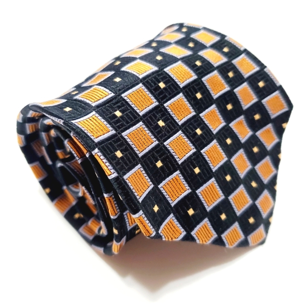 Robert Talbott Necktie Black & Gold Geometric Pattern Men's Silk Neck Tie BOC